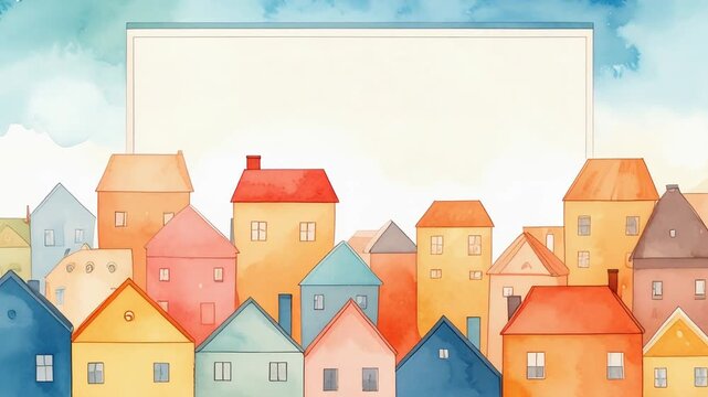 Colorful small houses forming cheerful cityscape border with blank center watercolor painting illustration