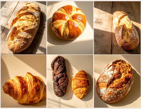 collage of 6 photos with different types of bread AI generated