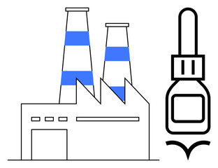 Fototapeta premium Industrial production, manufacturing, chemical processes, pharmaceuticals, environmental impact, productivity. Factory with twin smokestacks and a dropper bottle symbol. Industrial production