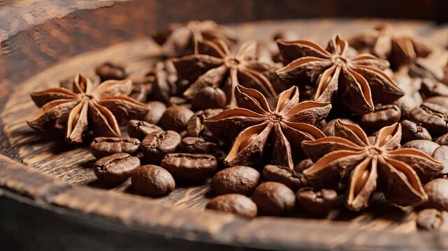 Closeup of Star Anise and Coffee Beans on a Wooden Surface.