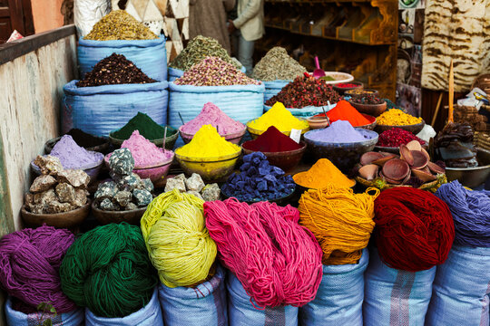 souvenirs and spices on the Jamaa el Fna market in old Medina, Marrakesh, Morocco