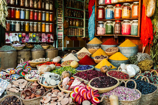 souvenirs and spices on the Jamaa el Fna market in old Medina, Marrakesh, Morocco