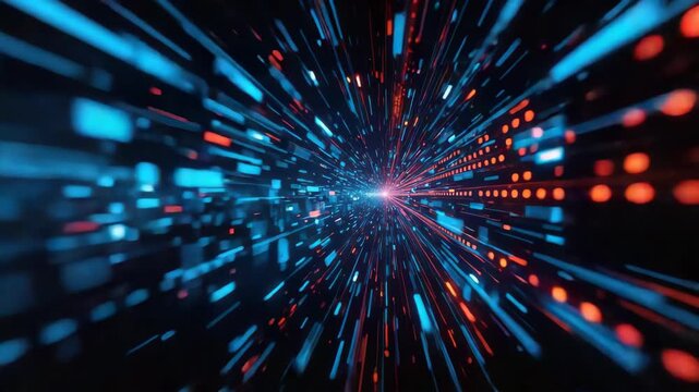 Neon data tunnel blue light streaks racing toward center with energetic motion blur and particles