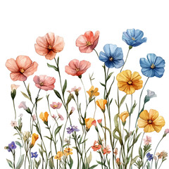 Fototapeta premium Blooming Wildflower Spring Meadow, lively watercolor vector drawing with intricate brush, isolated on a white background.