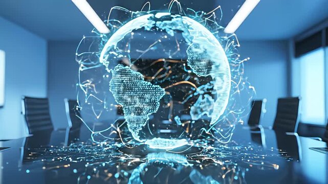 Futuristic boardroom with a glowing holographic Earth globe rotating on a conference table surrounded by network connections