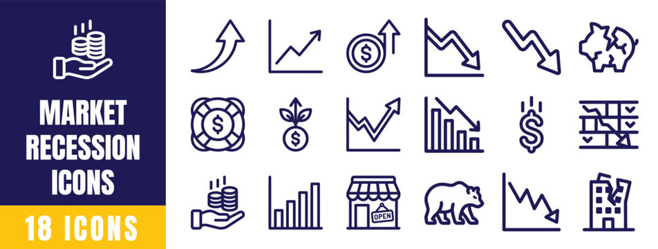 Market Recession Icons Set &ndash; Economic Decline, Bear Market, Stock Crash, Inflation Outline Vector