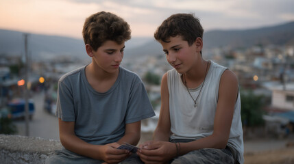 Fototapeta premium Two teenage boys on a rooftop in a refugee resettlement housing block, one teaching the other a card game at dusk, cities unfamiliar below them, displaced youth belonging, refugee adolescent friends