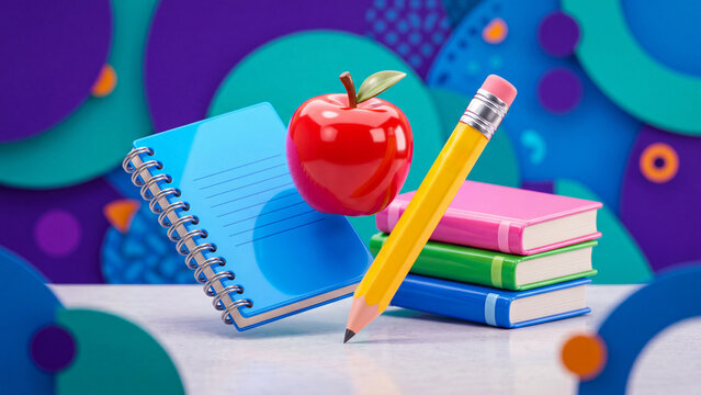 Colorful school supplies with red apple yellow pencil blue notebook and stacked books. Educational tools for student learning and classroom inspiration