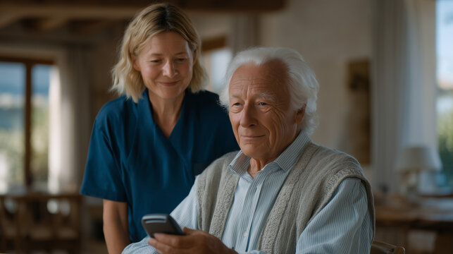 Remote patient monitoring sensor being calibrated by home health aide on elderly man at kitchen table, morning light, RPM device setup senior home health aide chronic disease telehealth rural access