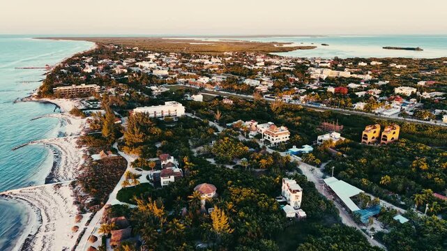 Aerial drone view of sandbar and turquoise coastline in Holbox Island, Mexico &ndash; tropical Caribbean landscape