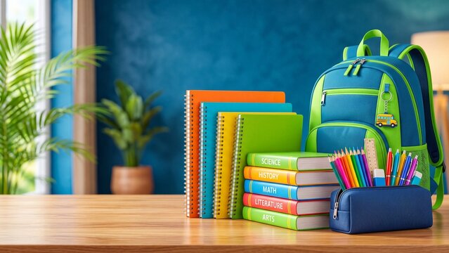 Colorful school notebooks labeled science history math literature arts stacked on wooden table with backpack pencils pens eraser