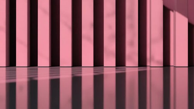 Pink vertical column shadows and reflection glossy floor creating soft minimal pink sunlight room