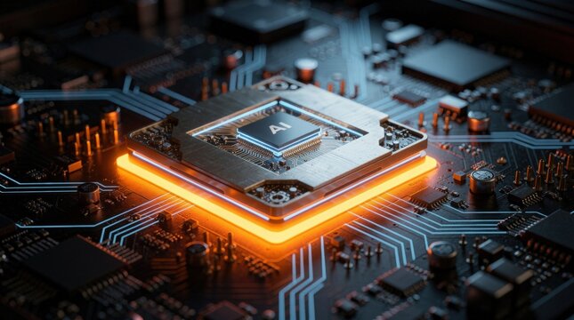 Glowing AI processor chip on futuristic circuit board close up