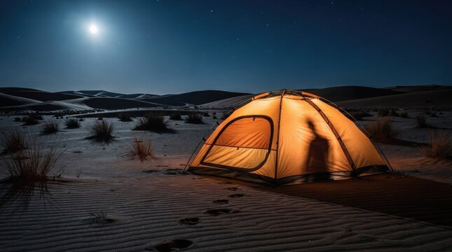 Glowing tent in desert at night under moonlight