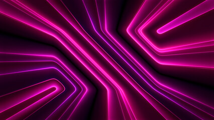 Fototapeta premium Neon magenta glowing lines flow across dark background forming smooth abstract curves. Futuristic light paths create depth motion with soft radiant glow for technology themes and modern visual design