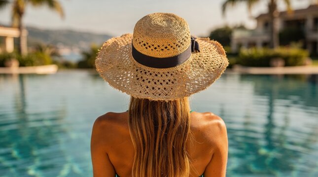 Woman wearing straw hat by pool at luxury summer resort