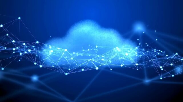 Abstract digital cloud network with glowing connections and nodes. Represents data storage, cloud computing, and modern technology solutions