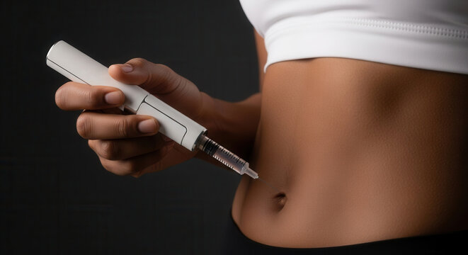 Woman injecting medication with pen injector on stomach