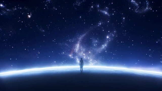 A solitary figure standing on the edge of a planet gazing at a vast starry universe. Represents exploration, wonder, and the quest for knowledge in the cosmos