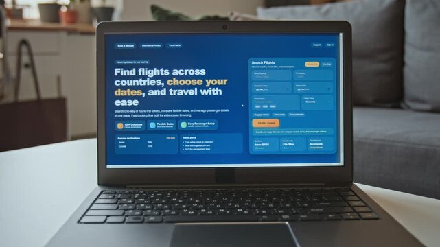 Medium shot of laptop computer on table in family home, with website of flight search and booking aggregator open on screen, suggesting planning and buying tickets to travel for vacation or holiday
