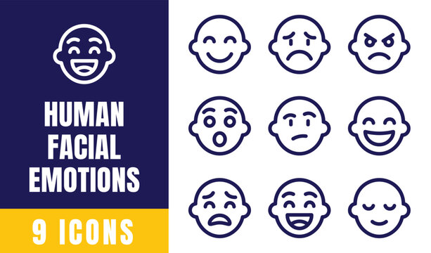 Human Facial Emotions Icons Set &ndash; Emoji Expressions, Happy, Sad, Angry, Surprised Outline Vector