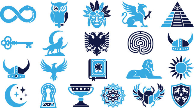 Collection of mystical and mythological symbols in blue and dark blue colors on white.