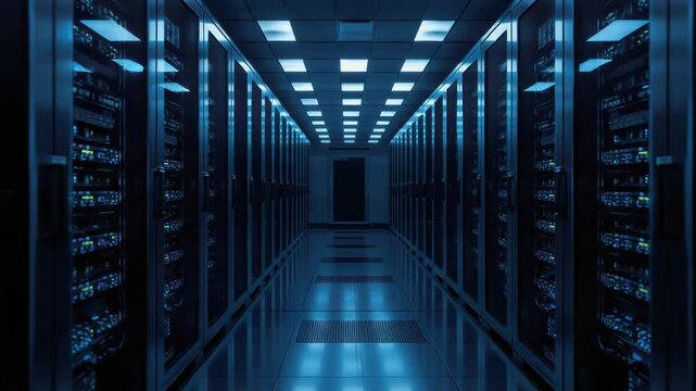 Data center server room aisle with blue lighting reflective floor sleek modern racks creating