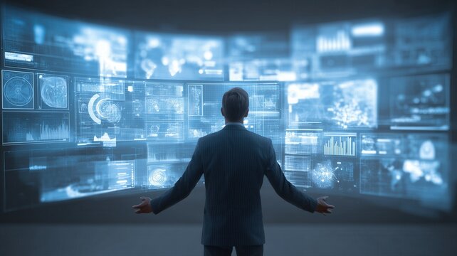 スーツ姿の男性が複数のデジタルスクリーンを操作している様子。未来的なビジネスやテクノロジー関連のプレゼンテーションや分析シーンに最適なイメージ