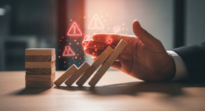 A conceptual risk control graphic illustrating crisis prevention, operational stability, strategic protection, problem interception, and safeguarding organizational processes from disruptions