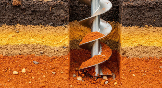 Metallic soil auger drilling into a freshly cut trench revealing distinct multicolored layers of earth from rich topsoil to sandy and clay subsoil strata