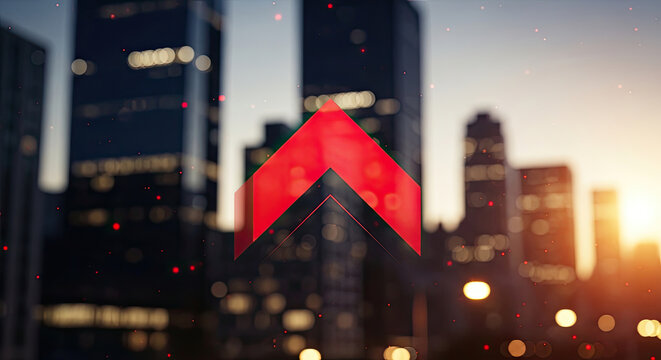 Vibrant red abstract upward arrow graphic overlay on a blurred modern urban cityscape with bokeh lights and warm sunset glow symbolizing progress and business growth.