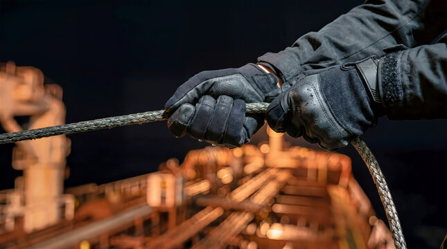 Matte black gloved hands firmly gripping a wet textured rope. Close-up of tactical gear with blurred orange lit ship deck at night. Maritime security operation