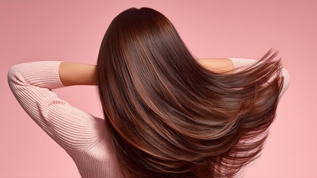 後ろから見た艶やかなロングヘアの女性。ヘアケアや美容関連の広告や記事に適したイメージ素材