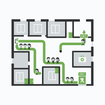 Evacuation Plan with People Following Green Exit Route