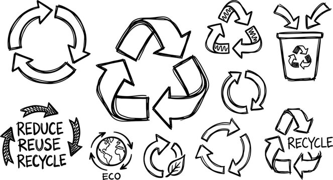hand drawn recycling icons set, circular arrows eco symbols collection, doodle sustainability reuse reduce waste vector illustration isolated on transparent background