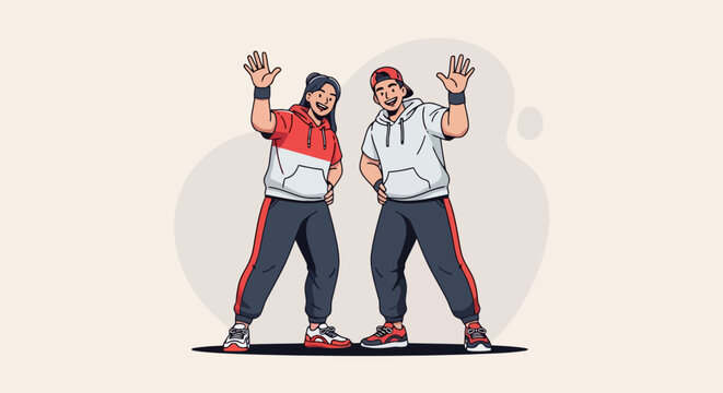 Two happy dancers in casual streetwear celebrating.