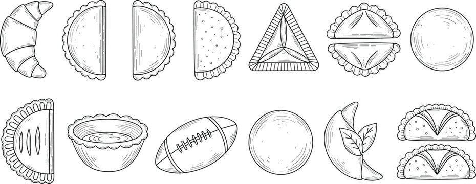 Hand Drawn Bakery and Pastry Icon Set Featuring Croissants, Dumplings, Empanadas, Samosas, and Savory Meat Pies for Traditional Restaurant Menus and Culinary Branding Designs