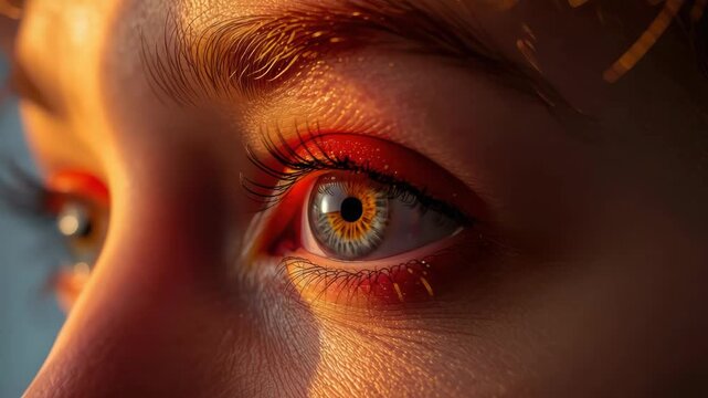 Close up eyelid eye with vibrant orange eyeshadow warm sunlight glow and detailed skin texture