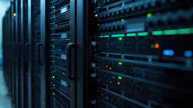 Server rack corridor with glowing status lights cool blue data center hums network hardware blade