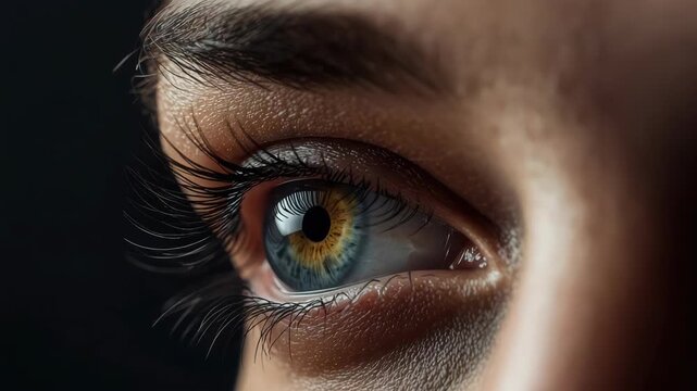 Blue hazel eye close macro with long eyelash dramatic reflective catchlight expressive focused gaze