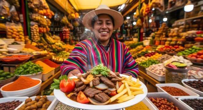 Peruvian man serving steaming lomo saltado in market