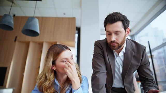 Pov stressed coworkers complaining business failure talking web camera closeup.
