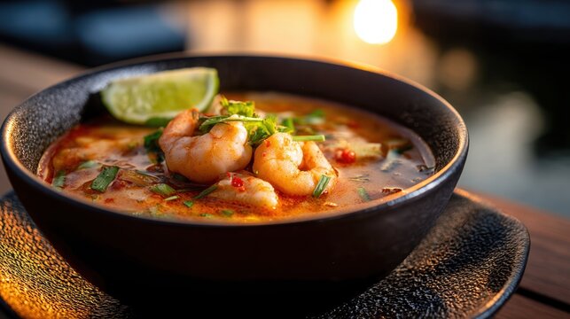 Warm flavors of Tom Yum soup by Wat Arun at sunset