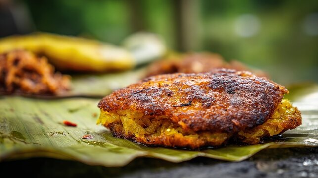 Golden curry pang delicacy on banana leaf in Sri Lanka