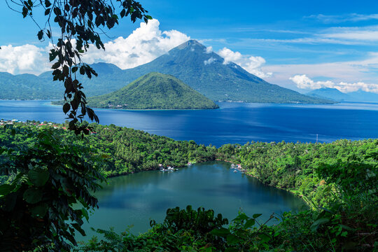 Vibrant Tropical View of Laguna Lake and Volcanic Islands in Ternate, North Maluku