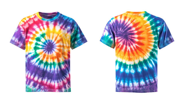 Vibrant and colorful spiral tie-dye t-shirt for casual wear, prominently displayed from both front and back perspectives, showcasing its unique handcrafted psychedelic pattern and cheerful summer&nbsp;