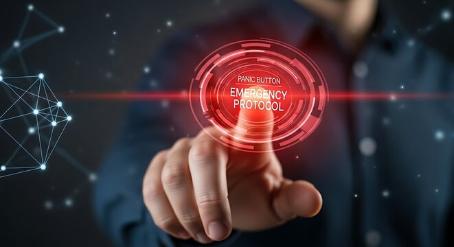 Emergency protocol concept. A close-up of a hand activating a virtual panic button, which pulses red and sends out an alert, representing an emergency protocol.