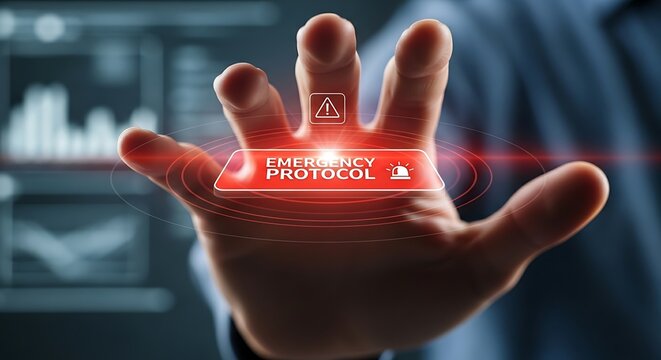 Emergency protocol concept. A close-up of a hand activating a virtual panic button, which pulses red and sends out an alert, representing an emergency protocol.