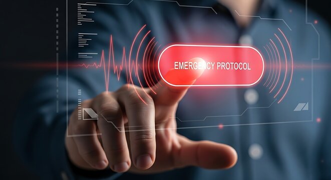 Emergency protocol concept. A close-up of a hand activating a virtual panic button, which pulses red and sends out an alert, representing an emergency protocol.