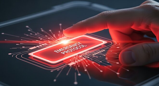 Emergency protocol concept. A close-up of a hand activating a virtual panic button, which pulses red and sends out an alert, representing an emergency protocol.